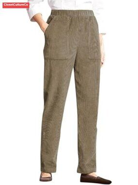Corduroy Pants Elastic High Waist Pull On Straight Leg Trousers with Pockets